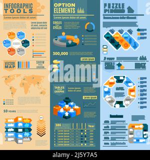 Bannières graphiques verticales avec outils graphiques, éléments en option et illustration vectorielle isolée plate de pièces de puzzle Illustration de Vecteur