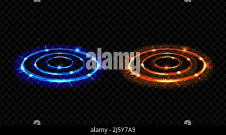 Vs ensemble de cercles d'effet hologramme. hud néon bleu et rouge phosphorescent par rapport aux rayons ronds, aux tourteaux de combat ou de compétition. L'éclairage de portails ou de futur de magie fantaisie Illustration de Vecteur