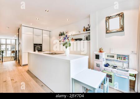 Cuisine pour enfants placée au comptoir avec cuisinière et bouquet de fleurs près du mur avec diverses fournitures sur les étagères de l'appartement Banque D'Images