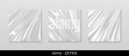 3d icône de vecteur réaliste. Trois jeux de film polyéthylène sur fond transparent. Film plastique transparent carré. Illustration de Vecteur