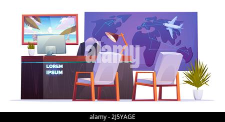 Bureau de voyage intérieur vide avec bureau de consultant sur le tourisme, carte du monde avec avion et affiche sur le mur. Illustration de dessin animé vectoriel avec Illustration de Vecteur