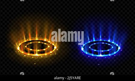 Vs ensemble de cercles d'effet hologramme. L'éclairage de portails de magie fantaisie ou de téléports futuristes. hud néon bleu et rouge phosphorescent versus rayons ronds, bataille ou comète Illustration de Vecteur