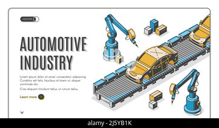 Page d'accueil isométrique de l'industrie automobile, les robots assemblent la voiture sur le tapis roulant. Technologie d'innovation et processus d'automatisation en usine dans manufa Illustration de Vecteur