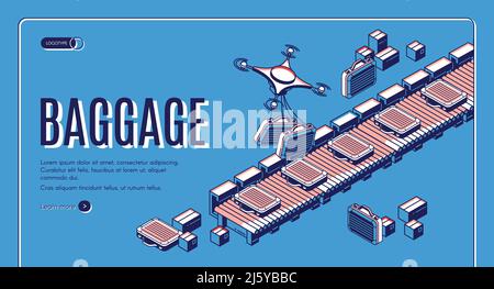 Bagages sur la page d'accueil isométrique du convoyeur d'aéroport. Les drones chargeant des bagages à la ceinture pour les passagers réclament. Sacs de voyage avec quadricoptères Illustration de Vecteur