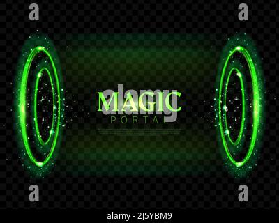 Portail magique, téléport futuriste fantaisie avec effet hologramme. Cercles lumineux verts toxiques hud néon, éclairant l'entonnoir horizontal rond pour le temps et sp Illustration de Vecteur