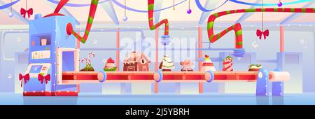 Convoyeur de bonbons et bonbons de Noël, maison de pain d'épice, pudding, boulangerie traditionnelle de Noël, desserts, pâtisseries et gâteaux se déplaçant sur la décoration de la ceinture d'usine Illustration de Vecteur