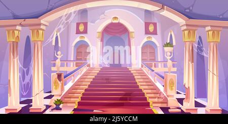 Escalier du château abandonné, intérieur vide de l'entrée du vieux palais avec toile d'araignée, piliers fissurés, statues, chiffon délabré et portes en bois, medieva Illustration de Vecteur