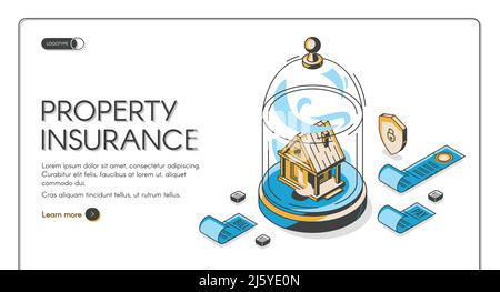 Page de renvoi isométrique assurance de biens. Immeuble se tenir sous un dôme en verre avec des factures de paiement et un bouclier autour. Service de protection contre les accidents à domicile Illustration de Vecteur