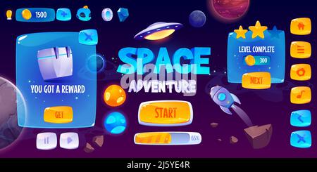 Interface utilisateur graphique pour le jeu d'aventure spatiale. Ecran vectoriel de conception d'interface graphique avec boutons de menu et icônes brillants, panneau avec niveau et ressources, étoile Illustration de Vecteur