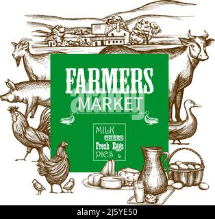 Cadre d'invitation au marché agricole avec animaux dessinés à la main et nourriture illustration vectorielle Illustration de Vecteur