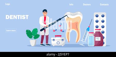 Concept de vecteur de services dentaires pour la page d'arrivée. Les dentistes font une radiographie des dents pour aider les maux de dents, blanchir l'émail ou l'implant de récupération. Illustration de Vecteur
