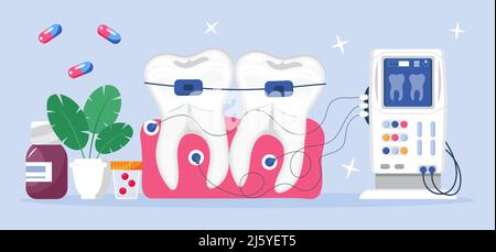 Concept de vecteur de services dentaires pour la page d'arrivée. Les dentistes font une radiographie des dents pour aider les maux de dents, blanchir l'émail ou l'implant de récupération. Illustration de Vecteur