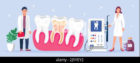 Concept de vecteur de services dentaires pour la page d'arrivée. Les dentistes font une radiographie des dents pour aider les maux de dents, blanchir l'émail ou l'implant de récupération. Illustration de Vecteur