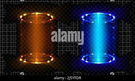 Portails magiques, téléports futuristes de fantaisie avec ensemble d'effets hologrammes. Cercles lumineux bleu et rouge hud au néon, éclairant les entonnoirs ronds pour le temps et l'espace Illustration de Vecteur