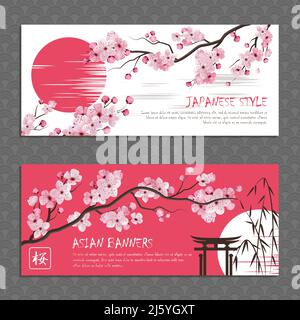 Bannières horizontales de rose belle branche sakura avec des fleurs et illustration vectorielle de style japonais sun Illustration de Vecteur