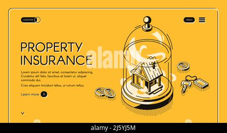Page de renvoi isométrique assurance de biens. Immeuble de bâtiment se tenir sous dôme de verre avec des clés et de l'argent éparpillés autour. Protection contre les accidents à domicile Illustration de Vecteur