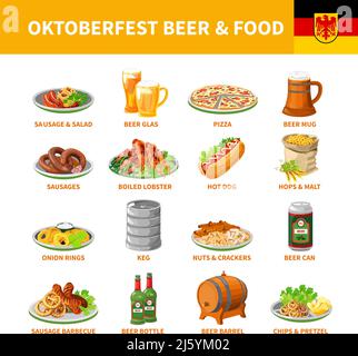 L'oktoberfest annuel allemand propose des en-cas traditionnels et des icônes de bière plate collection avec l'écrevisse abstrait vecteur isolé illustration Illustration de Vecteur