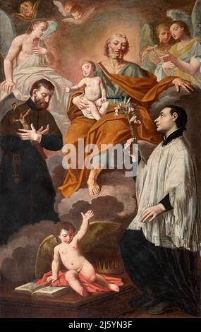 San Giuseppe col Bambino con San Luigi Gonzaga e San Stanislao Kostka - olio su tela - pittore emiliano lombardo della fine del XVIII secolo - Mortiz Banque D'Images