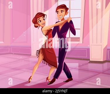 Couple dansant dans la salle de bal illustration vectorielle de la danseuse de tango. Homme et femme en robe rouge au concours de danse latino-américain ou spectacle au palais royal hal Illustration de Vecteur