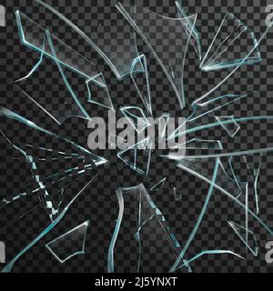 Éclats réalistes de verre transparent cassé sur gris abstrait et illustration vectorielle d'arrière-plan noire Illustration de Vecteur