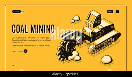Bannière web vectorielle isométrique pour exploitation minière du charbon avec pelle hydraulique sur pneus à godets qui travaille dans une illustration d'art de carrière. Machines lourdes ou équipement pour fosse ouverte Illustration de Vecteur