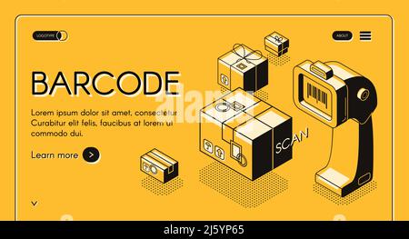 Bande de lecture de code-barres ou vecteur isométrique de site avec lecteur de code-barres de bureau, lecteur laser fixe et colis ou boîte, illustration de dessin au trait. B Illustration de Vecteur