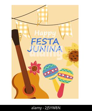 Carte ou affiche du festival brésilien Festa Junina avec instruments de musique. Festa de Sao Joao ou Junina modèle de bannière d'invitation de vacances, vecteur plat Ill Illustration de Vecteur