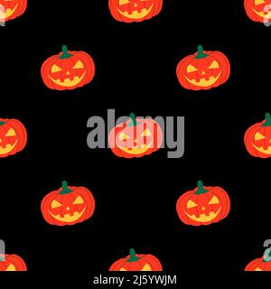 Citrouille rouge colorée avec style Halloween isolé sur fond noir est dans le motif sans couture - illustration vectorielle Illustration de Vecteur