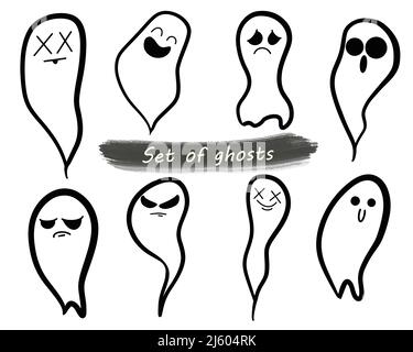 Ensemble de doodle de fantômes en tissu ensemble de fantômes volants Halloween monstres effrayants fantômes effrayants Illustration de Vecteur