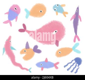 Poissons d'aquarelle vectoriels. Illustration de l'ensemble de poissons de mer isolée sur fond blanc. Illustration de Vecteur