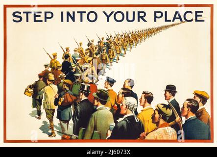 Une affiche de recrutement publicitaire britannique de 1915 montrant une colonne de soldats marchant dans la distance, tout en étant rejoints au premier plan par une variété d'hommes en tenue civile. Artiste inconnu. Banque D'Images