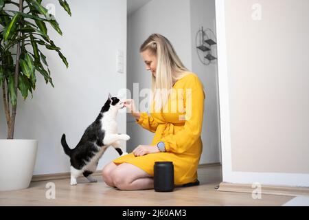 jeune femme blonde avec robe jaune agenouillée sur le sol nourrissant des collations à son chat ayant le pot de traite debout juste à côté d'elle Banque D'Images