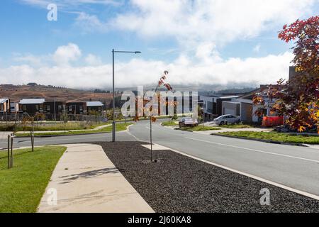 Denman Prospect, une nouvelle banlieue en cours de construction à Canberra, avec de nouvelles maisons et de nouveaux aménagements paysagers de rue, Canberra, ACT, Australie Banque D'Images