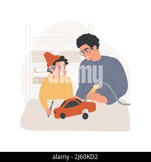 Réparer l'illustration vectorielle isolée du jouet. Père et fils réparant une voiture de jouet cassée à la table, fixant ensemble, tenant un tournevis, enfant apprenant à utiliser des outils vector dessin animé. Illustration de Vecteur