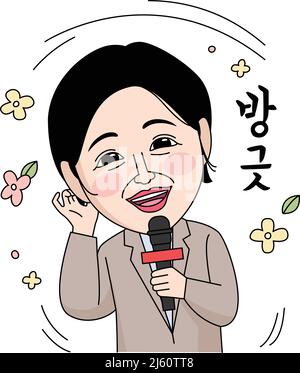 Korean drôle femme newscaster, lecteur de nouvelles personnage émoticône illustration vectorielle Illustration de Vecteur