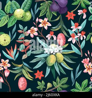 Motif sans couture avec plantes tropicales exotiques, fruits et fleurs. Imprimé tropical paradis coloré pour le design et le textile Illustration de Vecteur