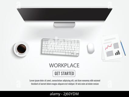 Bureau réaliste. Table de bureau avec vue de dessus, ordinateur personnel avec clavier, smartphone, autocollants, lunettes, note ouverte. vecteur illustrator. Illustration de Vecteur
