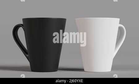 Mugs noir et blanc sur fond gris maquette - 3D rendu. Banque D'Images