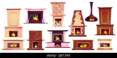 Foyers avec feu de feu isolé sur fond blanc. Ensemble de dessins animés vectoriels de différents foyers de marbre, brique et fer avec bois, flamme, cheminée et manteau Illustration de Vecteur