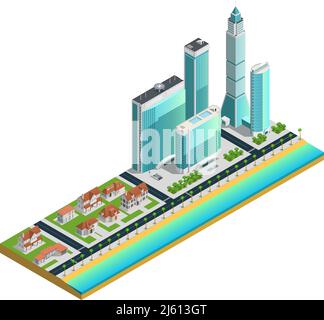 Composition isométrique avec gratte-ciels modernes de nombreuses maisons de storeyed et de banlieue sur illustration du vecteur de la côte de mer Illustration de Vecteur