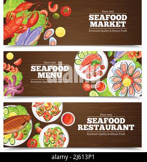 Bannières horizontales de couleur avec titre pour le menu du marché des fruits de mer ou illustration vectorielle de restaurant Illustration de Vecteur