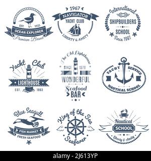 Étiquettes marines monochromes et logos de bateaux scolaires constructeurs de navires illustration vectorielle isolée club ocean explorer Illustration de Vecteur