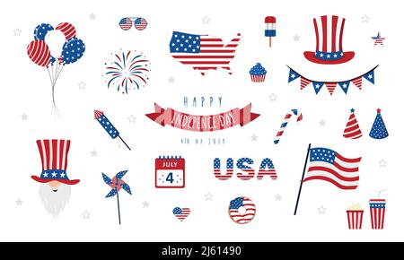 Ensemble d'icônes pour le jour de l'indépendance des États-Unis. Costumes et éléments traditionnels pour la célébration du 4th juillet. Journée nationale de la liberté. Illustration vectorielle dans Illustration de Vecteur