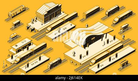 Gare bâtiments avec plates-formes et locomotives électriques diesel avec wagons de passagers et de fret sur rails ensemble de vecteur isométrique. Chemin de fer tran Illustration de Vecteur