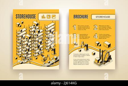 Magasin automatisé, société de livraison centre logistique modèle de pages de brochure vecteur isométrique avec des mains robotisées triant des colis sur une ligne de convoyeur, Illustration de Vecteur