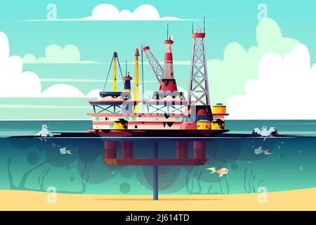 Illustration vectorielle de la plate-forme pétrolière dans l'océan, la mer. Derrick offshore avec pollution - problème environnemental, contamination, catastrophes écologiques. Illustration de Vecteur