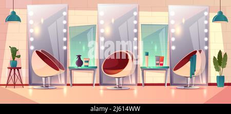 Fond vectoriel avec salon de coiffure féminin, intérieur. Barbershop pour femmes coupe de cheveux et maquillage. Espace de soins avec miroir, club de beauté avec Illustration de Vecteur