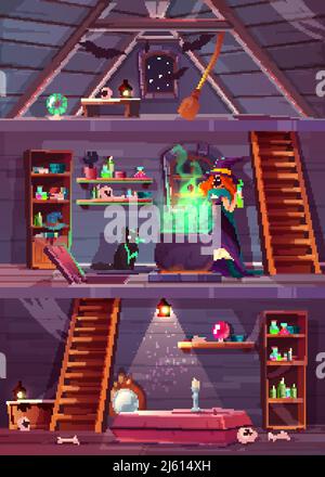 Section transversale de vecteur de la maison de sorcière avec cave et grenier. Jolie sorcellerie avec des trucs pour la magie, le chat et le chou-fleur. Sous-sol avec cercueil et os. AG Illustration de Vecteur
