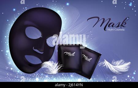 Bannière 3D réaliste Vector avec masque et sachet de maquillage pour le visage en feuille noire. Affiche soin de la peau, maquette avec crème hydratante ou anti-âge, c naturel Illustration de Vecteur