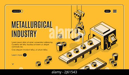 Société métallurgique de l'industrie Isométrique bannière web vecteur avec verser le métal fondu de la louche d'acier dans des moules sur l'illustration de tapis de convoyeur. Moderne f Illustration de Vecteur